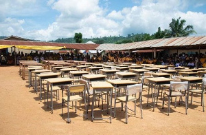 Some of the donated study desks displayed at a ceremony