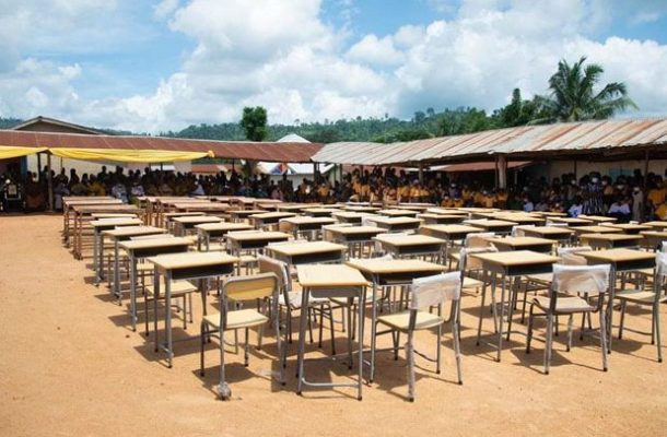 Some of the donated study desks displayed at a ceremony