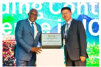 Dr. Siyabonga Cwele presents an Award of Excellence to Li Peng