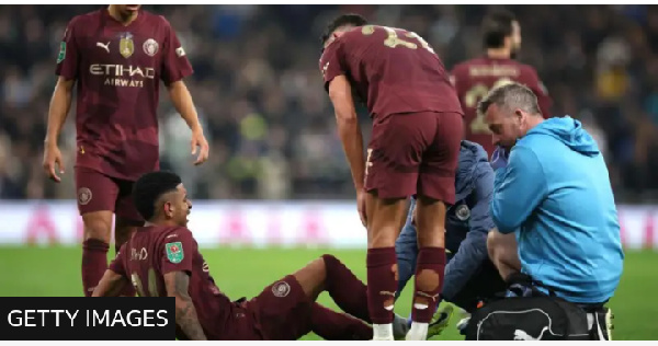 Manchester City winger Savinho was stretchered off with an ankle injury at Tottenham