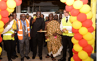 Trade Minister, Alan Kyeremanten (M) with representatives from GGBL and Diageo Africa