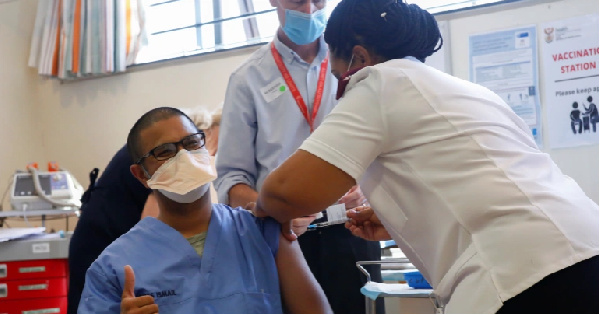 A healthcare worker receives the Johnson & Johnson vaccine at Khayelitsha hospital (Mike Hutchings)