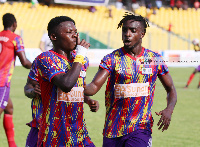 Hearts of Oak player, Salifu Ibrahim celebrating a goal with Fredrick Asnah Botchway