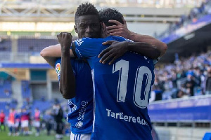 Samuel Obeng Gyabaa celebrates with a teammate