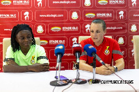 Black Queens head coach, Nora Hauptle addressing the press