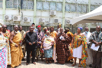 The minister in a pose with the Tongu Council of Chiefs