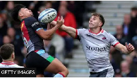 Marcus Smith (left) and Tobias Elliott of Saracens contest a high ball