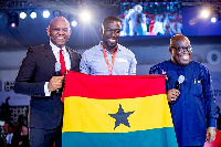 [L-R] Tony Elumelu, Chairman of UBA; Seladie Aduo, TEF beneficiary with President Akufo-Addo