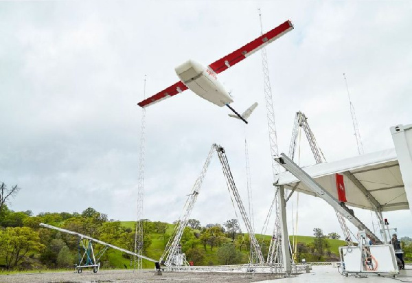 One of the Zipline drones positioned for a delivery