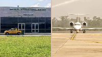 Combination foto of frontage of di airport and a plane on arrival