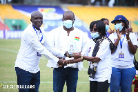 Hasaacas Ladies FC head coach, Yussif Basigi with the GFA President, Kurt Okraku