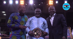 Azumah Nelson (middle) with his new WBC belt