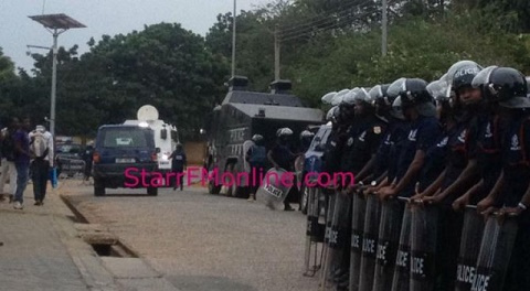 Ghana Police personnel quelling disorderliness at Donkorkrom in the Eastern region