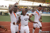 Some of the Hearts players celebrate after Razak's goal against Kotoko