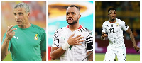 From left ( Chris Hughton, Jordan Ayew and Baba Rahman)