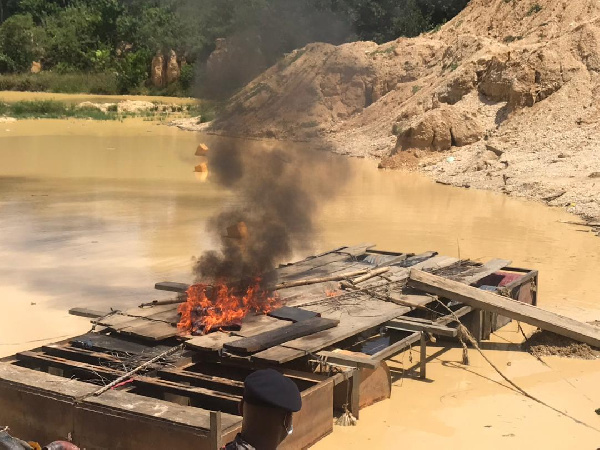 Galamsey equipment being burnt