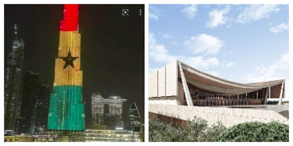 Burj Khalifa (right) and the National Cathedral of Ghana (left)