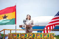 Kamala  Harris speaking on her arrival at the Kotoka International Airport