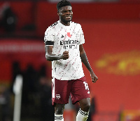 Arsenal midfielder, Thomas Partey celebrating a win over Manchester United