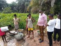 Hon Alhaji Seidu Haruna MP for Wenchi observes as young girl fetches water