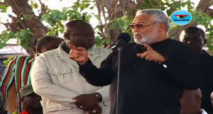 Former President Jerry John Rawlings addressing a charged crowd at the NDC's 25th anniversary rally