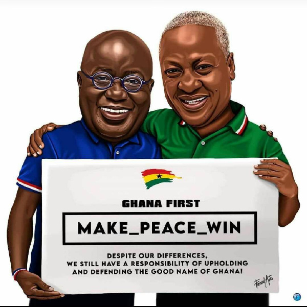 A cartoon depiction of President Akufo-Addo and former President John Mahama preaching peace