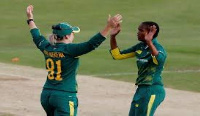 South Africa's Ayabonga Khaka (R) celebrates with Dane van Niekerk