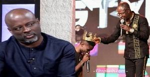 Kiki Banson (Left) and Amakye Dede crowning Kuami Eugene on stage (Right)