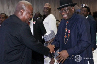 Former President Mahama and Goodluck Jonathan exchange pleasantries