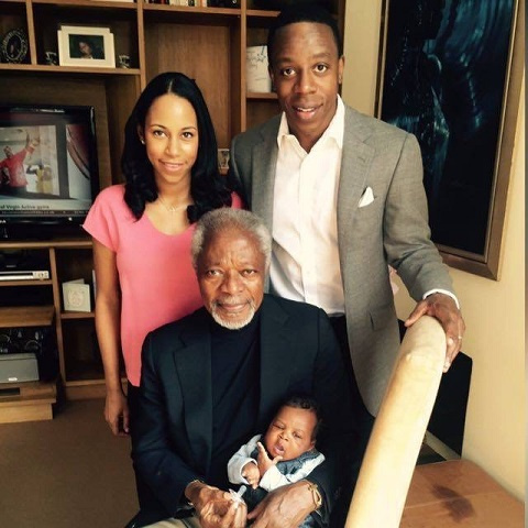 Kofi Annan with his son Kojo, daughter-in-law Shanti, and grandson Atta