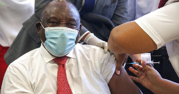 Cyril Ramaphosa, South African President, taking the COVID-19 jab