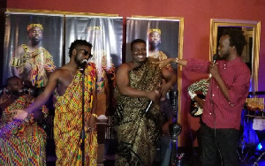 (L-R) Bisa K'dei, Kumi Guitar and Akwaboah during High-Life Konnect album launch