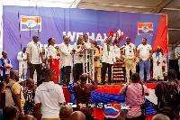 Sylvester Mensah and the NDC team delivering their goodwill message to the NPP at the latter's Natio