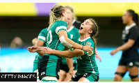 Ireland players celebrate their stunning win over New Zealand after the final whistle