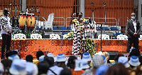 Former first lady Simone Gbagbo (C) delivers a speech as she attends an event