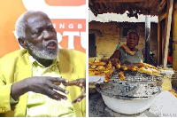 Professor Stephen Adei (left) and a roasted plantain seller