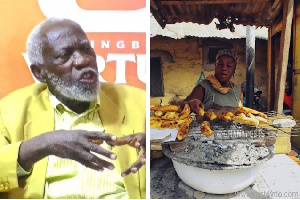 Professor Stephen Adei (left) and a roasted plantain seller