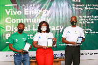 From left Abdul-Kahad Alhassan, Shirley Tony Kum, and Aaron Kuwornu displaying the digital devices