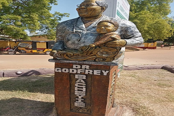 The statue was mounted in honor of Godfrey S. Bacheyie a philanthropist