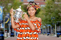 Osaka was sported wearing a traditional headwrap made from Ghanaian kente cloth