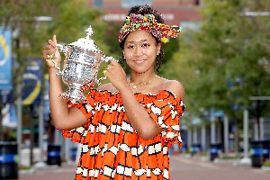 Osaka was sported wearing a traditional headwrap made from Ghanaian kente cloth