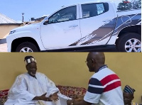 Ken Agyapong (right) presenting documents of a brand new pick-up to the Yaa Naa