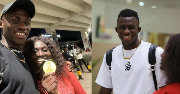 Felix Afena-Gyan presents Conference League medal he won to his mum