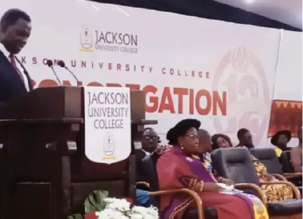 Dr. Yaw Osei Adutwum speaking at Jackson University College's graduatio