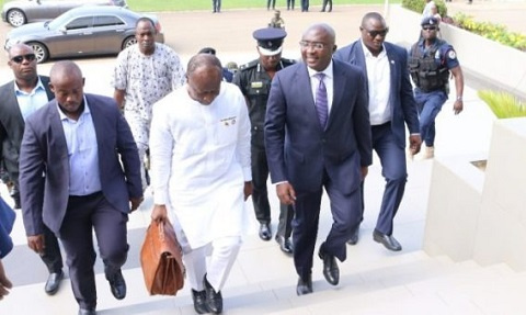 Finance Minister Ken Ofori-Atta being escorted into the chamber to deliver the mid-year review budge