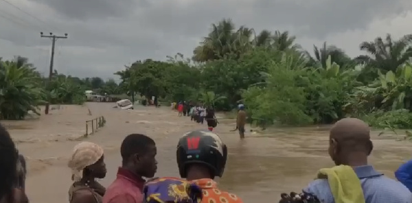 The culvert linking Juapong and Nudu has been completely submerged, blocking both road lanes