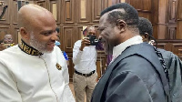 Nnamdi Kanu and new head of his defence team, SAN Mike Ezekome