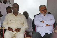 Former Presidents J.A Kufuor and J.J Rawlings sit together at an event