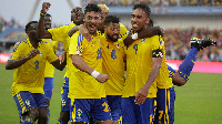 Abameyang celebrating with his Gabon teammates