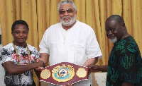 L-R Issac Dogbe, Jerry John Rawlings, Azumah Nelson